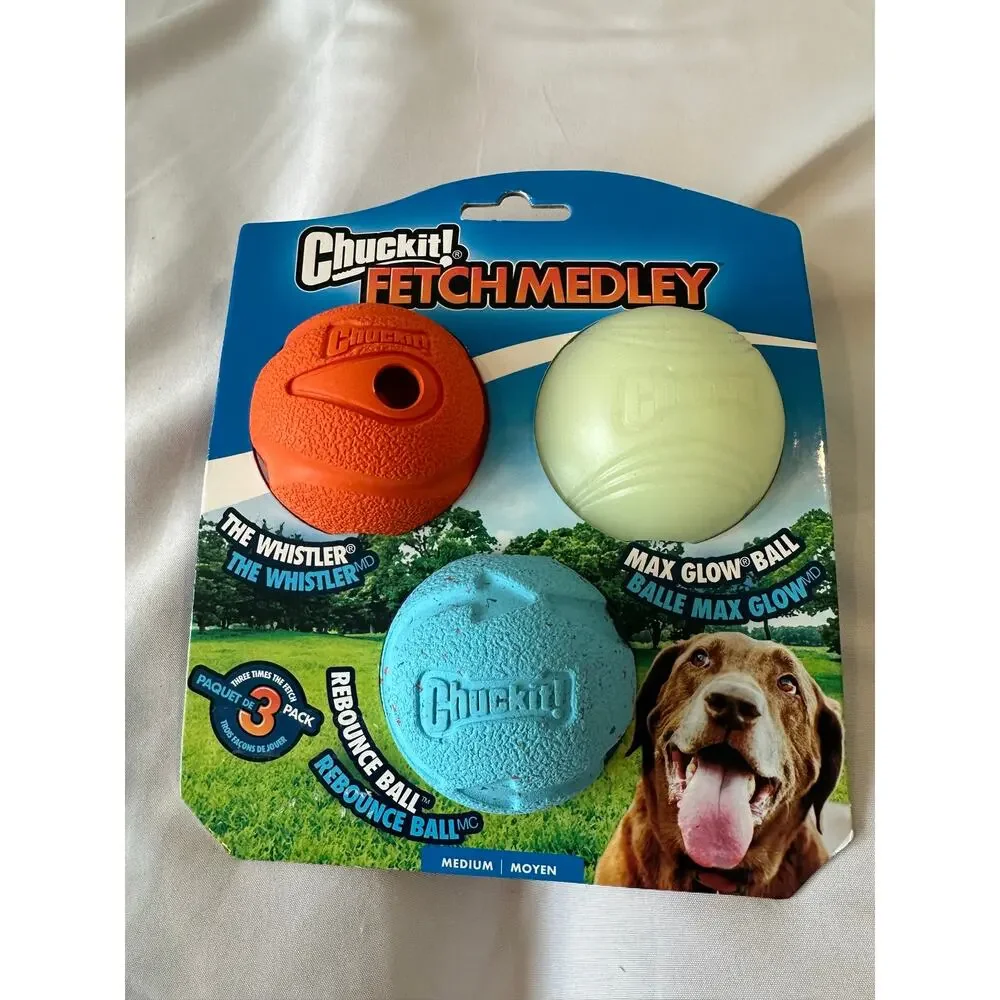 Chuckit Fetch Medley Dog Ball Toy Set 3 Pack Medium Whistler Max Glow Rebounce